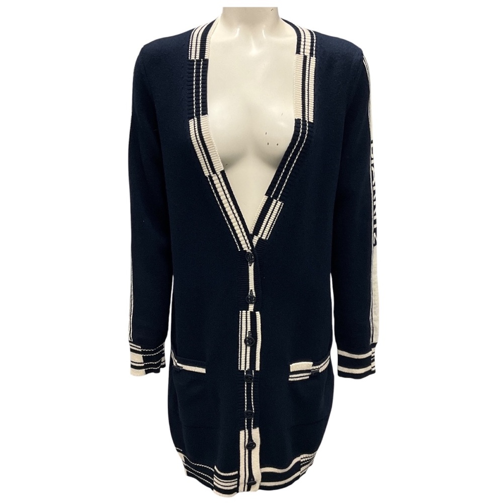 CHANEL RARE NAVY BIARRITZ DEAUVILLE VENISE CC LOGO BUTTON CASHMERE KNIT LONG CAR